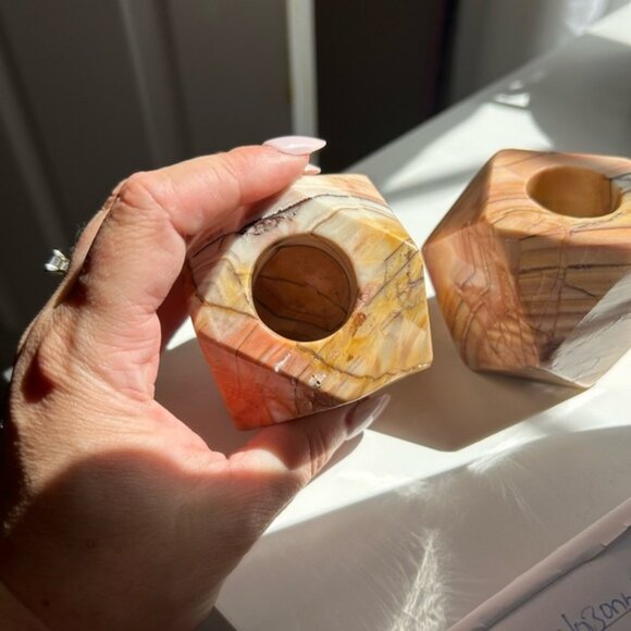 Geometric Marble Candle Holders - Tan and Brown x2 circa 1970 😃 - Picture 10 of 10